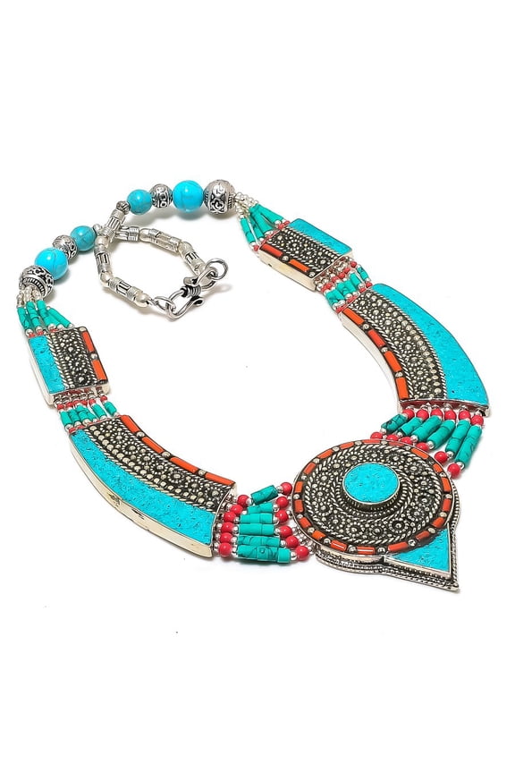 Natural Tibetan Turquoise, Coral Gemstone Handmade Jewelry Necklace 18"