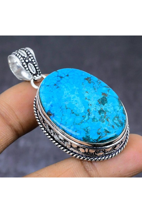 Natural Tibetan Turquoise Gemstone 925 Steling Silver Pendant 2.13"