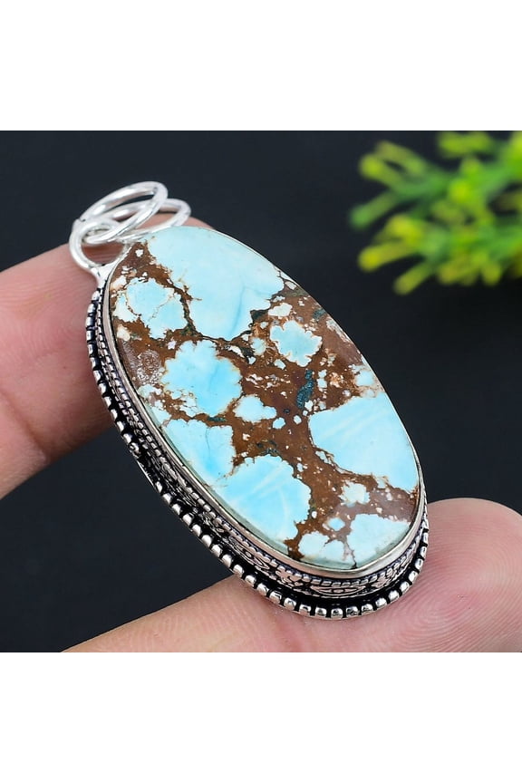 Natural Tibetan Turquoise Gemstone 925 Sterling Silver Jewelry Pendant 2.36"