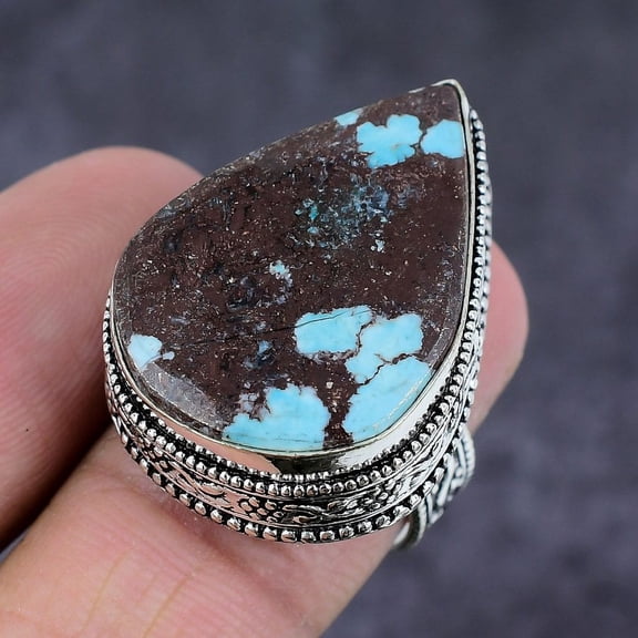 Natural Tibetan Turquoise Gemstone Handmade 925 Sterling Silver Ring Size 9