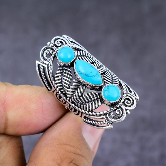 Natural Tibetan Turquoise Gemstone Handmade 925 Sterling Silver Ring S.6.5