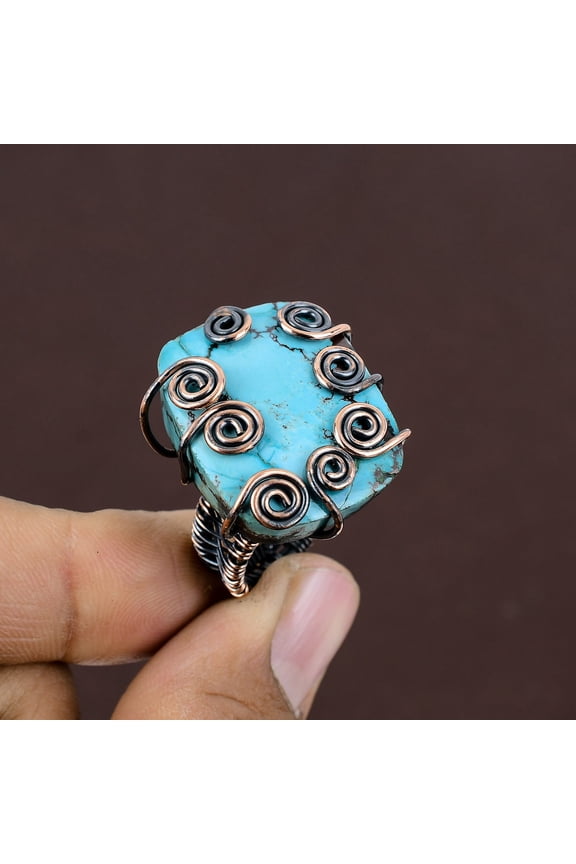 Natural Tibetan Turquoise Gemstone Handmade Copper Wire Wrap Ring Size 6