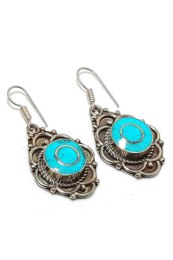 Natural Tibetan Turquoise Gemstone Handmade Jewelry Earring 1.77"