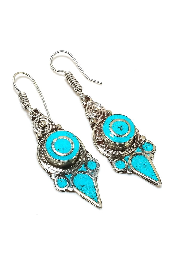 Natural Tibetan Turquoise Gemstone Handmade Jewelry Earring 2.36"