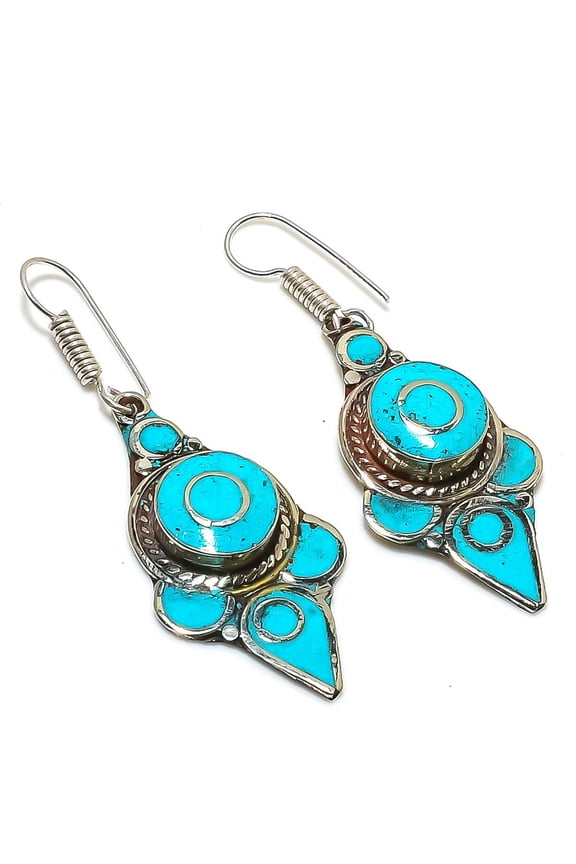 Natural Tibetan Turquoise Gemstone Handmade Jewelry Earring 2.44"