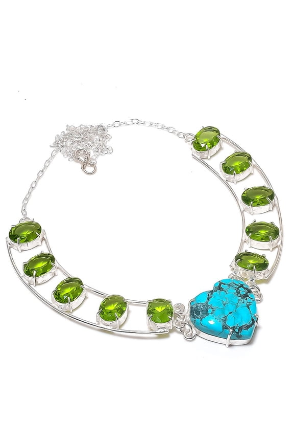 Natural Tibetan Turquoise, Peridot 925 Sterling Silver Jewelry Necklace 18"