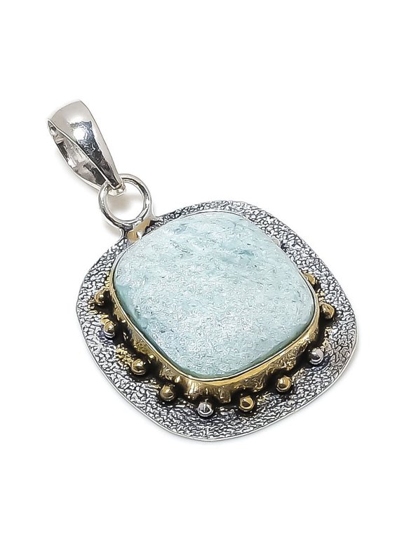 Natural Tibetan Turquoise Stone 925 Sterling Silver Two Tone Pendant 1.97"