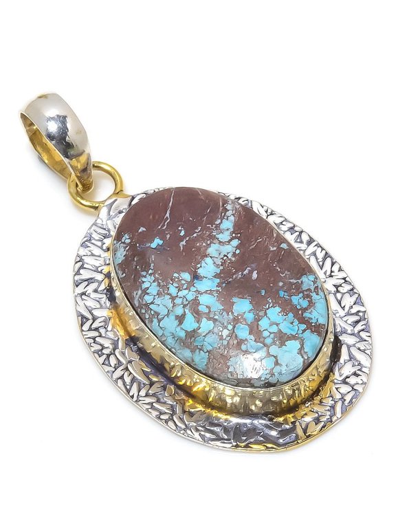 Natural Tibetan Turquoise Stone 925 Sterling Silver Two Tone Pendant 2.29"