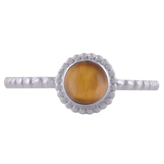 Natural Tiger Eye 5mm Cabochon Round Shape Gemstone Surrounded By Rawa Work with Beautiful Engraved Shank Handmade 925 Sterling Solid Silver Ring For Women