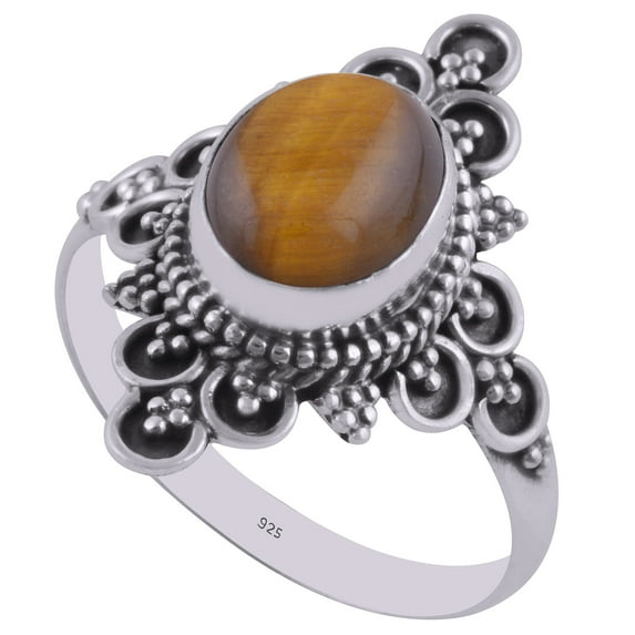 Natural Tiger Eye 8x10mm Cabochon Oval Shape Gemstone Surrounded By Oxidised Alluring Rawa Work Pattern Handmade 925 Sterling Solid Silver Split Shank Ring For Women