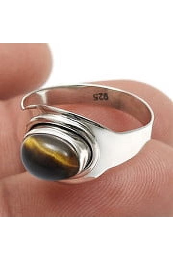 Natural Tiger Eye 925 Silver Cocktail Wedding Sacral Chakra Ring Jewelry