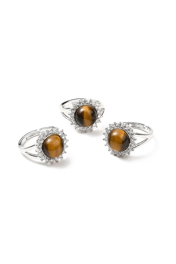 Natural Tiger Eye Adjustable Rings Platinum Tone Flower Brass Rhinestone Rings for Women Cadmium Free & Lead Free US Size 8(18.1mm) 2.5~8mm