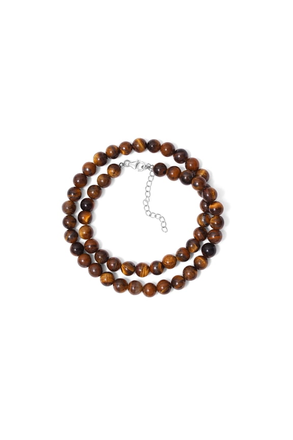 Natural Tiger Eye Bead Necklace with Sterling Silver Clasp and Adjustable Chain, 18 Inch