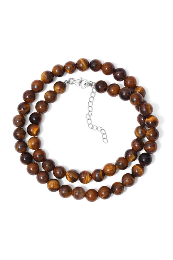 Natural Tiger Eye Bead Necklace with Sterling Silver Clasp and Adjustable Chain, 18 Inch