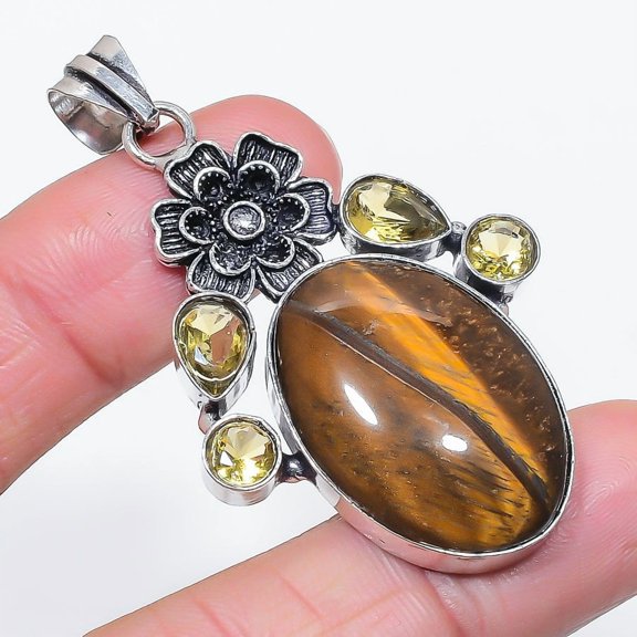 Natural Tiger Eye, Citrine 925 Sterling Silver Jewelry Pendant 2.36"