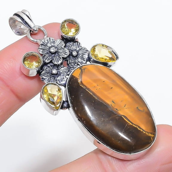 Natural Tiger Eye, Citrine 925 Sterling Silver Jewelry Pendant 2.48"