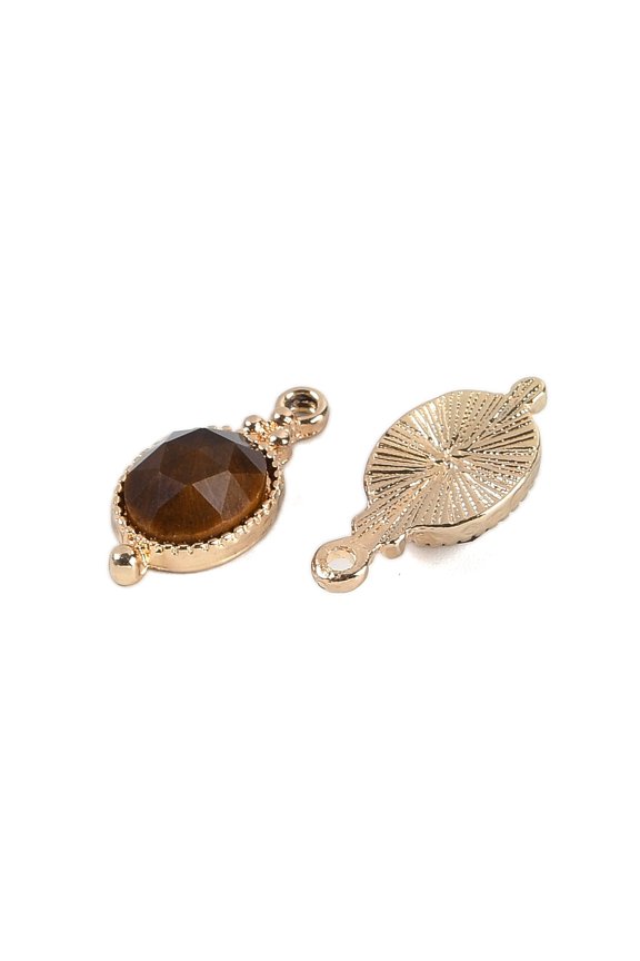 Natural Tiger Eye Faceted Pendans Golden Plated Brass Oval Charms 20.5x9.5x5.5mm Hole: 1.7mm