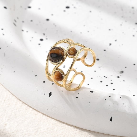 Natural Tiger Eye Finger Rings 304 Stainless Steel Hollow Open Cuff Rings for Women 13mm Adjustable