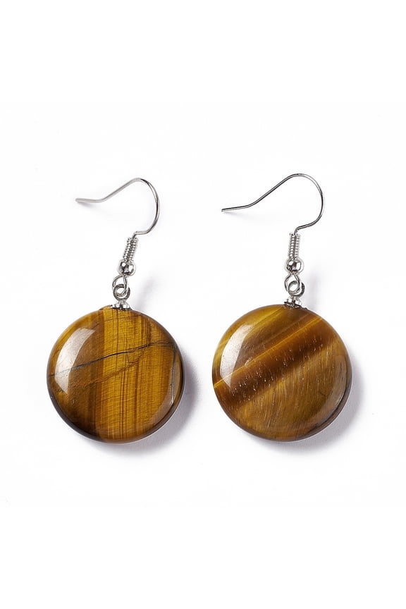 Natural Tiger Eye Flat Round Dangle Earrings Platinum Brass Jewelry for Women 42mm Pin: 0.7mm
