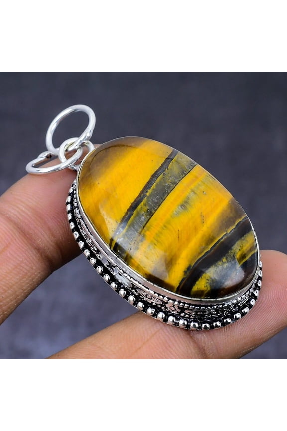 Natural Tiger Eye Gemstone 925 Steling Silver Jewelry Pendant 2.17"