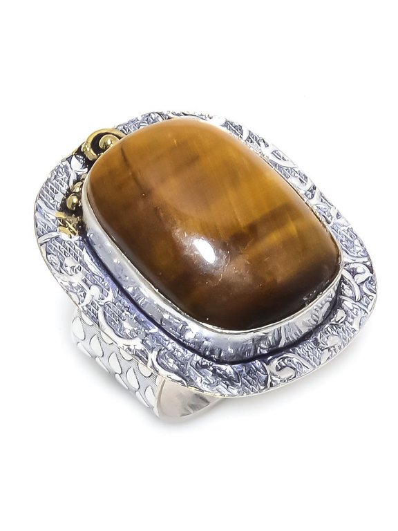 Natural Tiger Eye Gemstone 925 Sterling Silver Gift Two Tone Ring Size 8