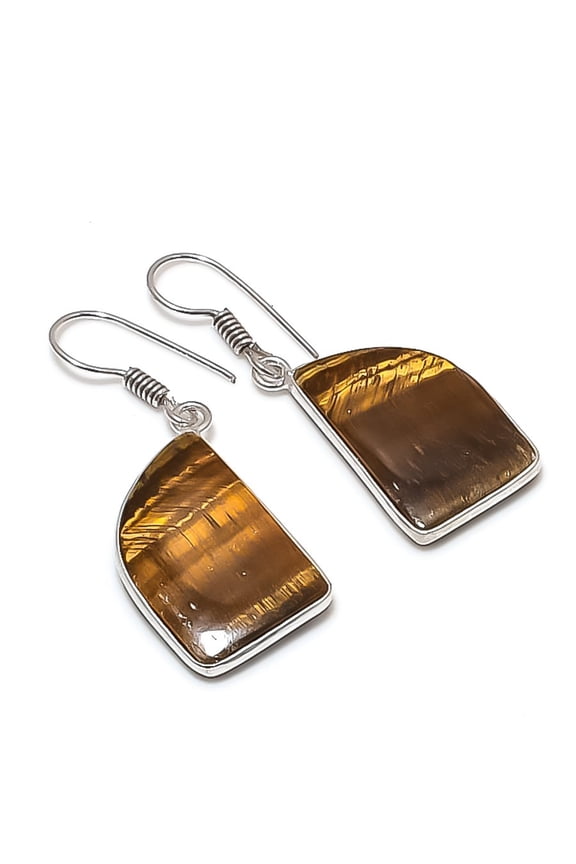 Natural Tiger Eye Gemstone 925 Sterling Silver Jewelry Earring 1.69"