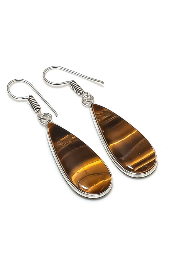Natural Tiger Eye Gemstone 925 Sterling Silver Jewelry Earring 1.81"