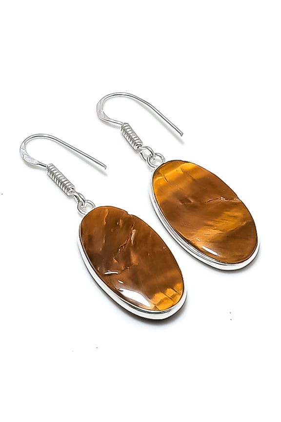 Natural Tiger Eye Gemstone 925 Sterling Silver Jewelry Earring 1.81"