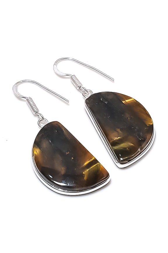 Natural Tiger Eye Gemstone 925 Sterling Silver Jewelry Earring 1.81"