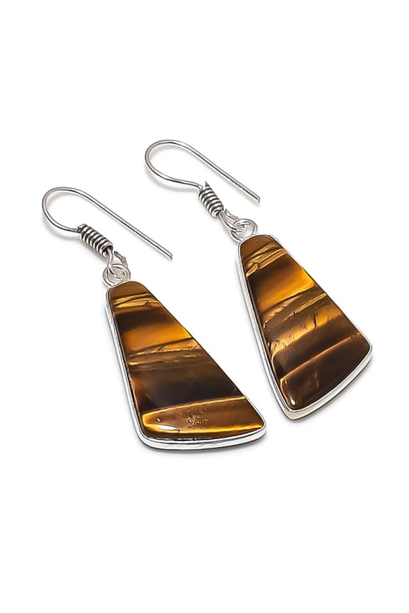 Natural Tiger Eye Gemstone 925 Sterling Silver Jewelry Earring 1.81"