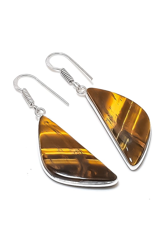 Natural Tiger Eye Gemstone 925 Sterling Silver Jewelry Earring 1.89"