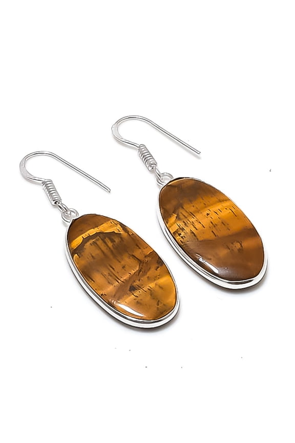 Natural Tiger Eye Gemstone 925 Sterling Silver Jewelry Earring 1.89"