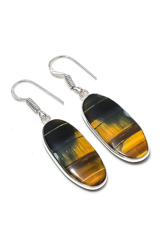 Natural Tiger Eye Gemstone 925 Sterling Silver Jewelry Earring 1.89"