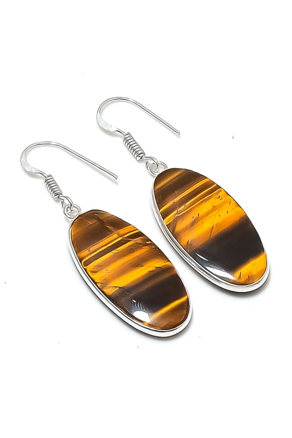 Natural Tiger Eye Gemstone 925 Sterling Silver Jewelry Earring 1.97"
