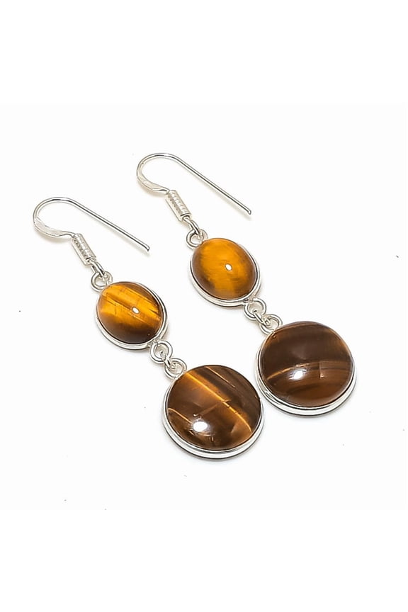 Natural Tiger Eye Gemstone 925 Sterling Silver Jewelry Earring 2.05"