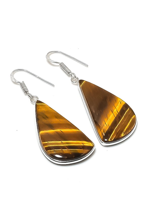 Natural Tiger Eye Gemstone 925 Sterling Silver Jewelry Earring 2.05"