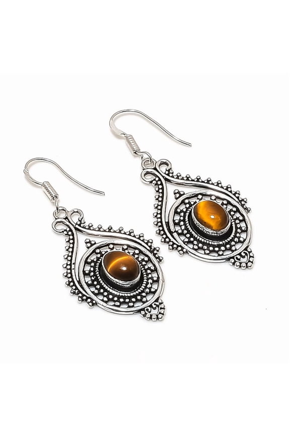 Natural Tiger Eye Gemstone 925 Sterling Silver Jewelry Earring 2.05"