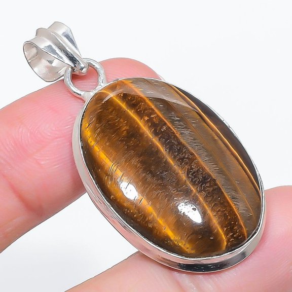 Natural Tiger Eye Gemstone 925 Sterling Silver Jewelry Pendant 1.89"
