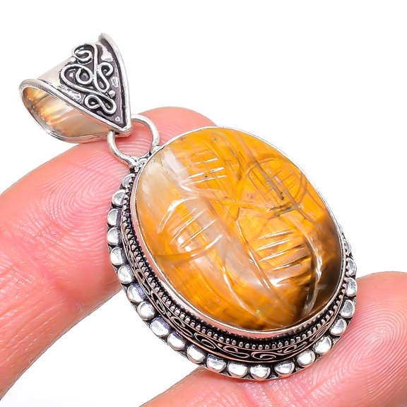 Natural Tiger Eye Gemstone 925 Sterling Silver Jewelry Pendant 1.97"