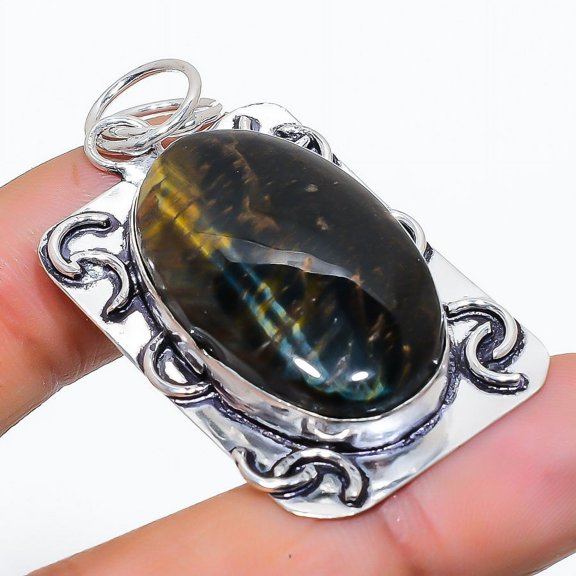 Natural Tiger Eye Gemstone 925 Sterling Silver Jewelry Pendant 2.09"