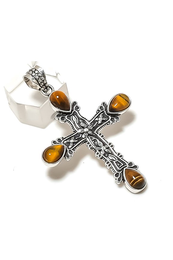 Natural Tiger Eye Gemstone 925 Sterling Silver Jewelry Pendant 2.36"