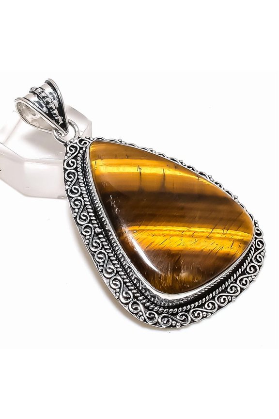 Natural Tiger Eye Gemstone 925 Sterling Silver Jewelry Pendant 2.64"