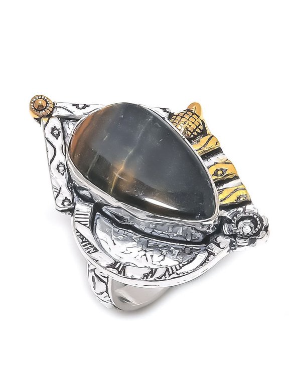 Natural Tiger Eye Gemstone 925 Sterling Silver Two Tone Gift Ring Size 8