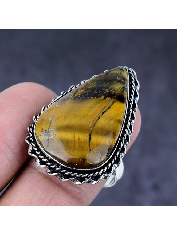 Natural Tiger Eye Gemstone Handmade 925 Steling Silver Jewelry Ring Size 9