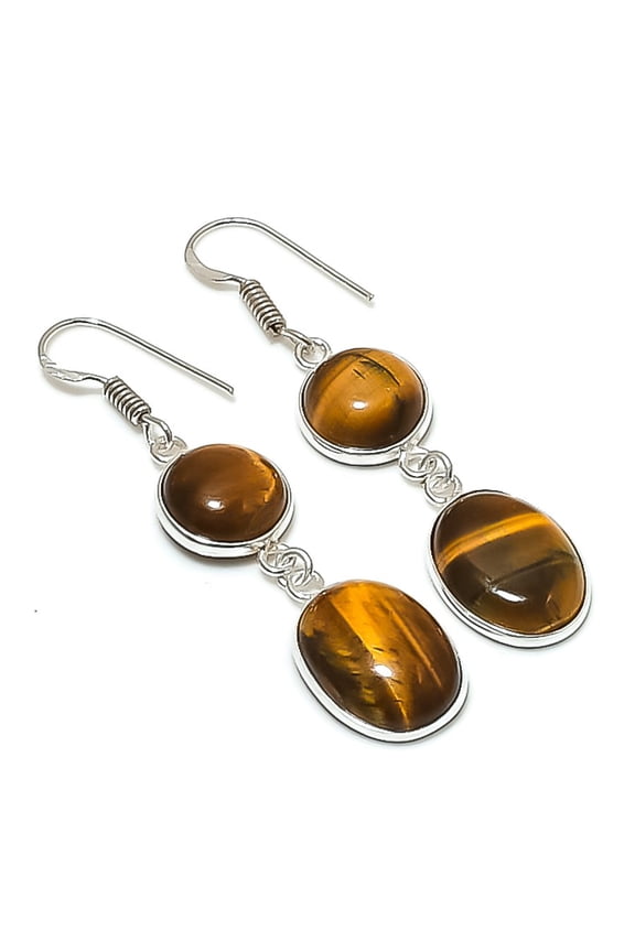 Natural Tiger Eye Gemstone Handmade 925 Sterling Silver Earring 2.17"