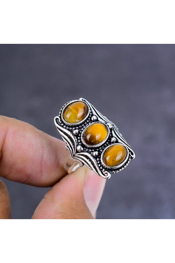 Natural Tiger Eye Gemstone Handmade 925 Sterling Silver Gift Ring Size 10