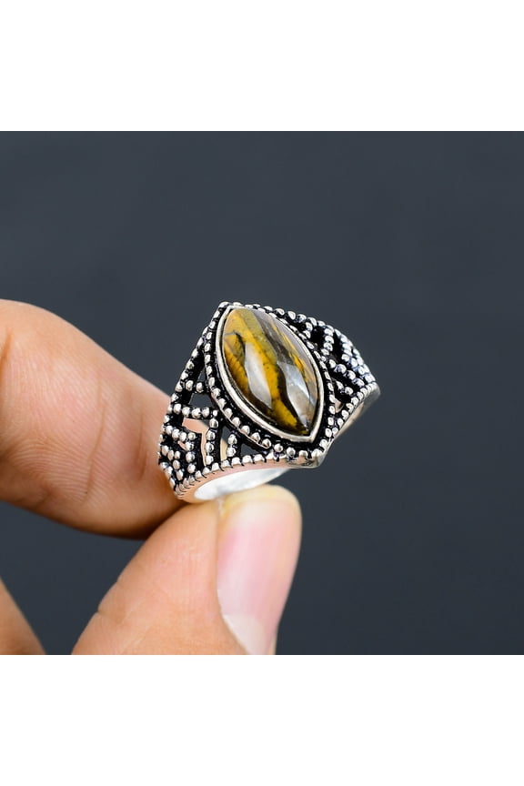 Natural Tiger Eye Gemstone Handmade 925 Sterling Silver Gift Ring Size 8