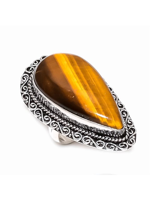 Natural Tiger Eye Gemstone Handmade 925 Sterling Silver Jewelry Ring Size 8