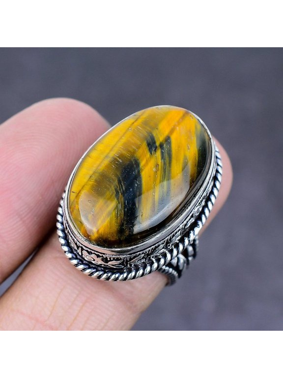 Natural Tiger Eye Gemstone Handmade 925 Sterling Silver Jewelry Ring Size 8