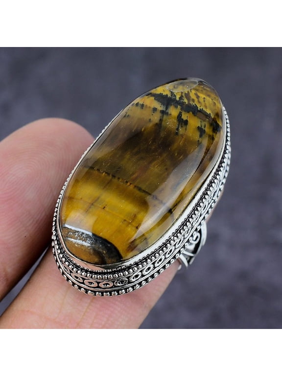 Natural Tiger Eye Gemstone Handmade 925 Sterling Silver Jewelry Ring Size 9